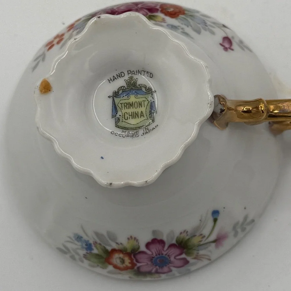 Vintage Trimont China Teacup Saucer Hand Painted Occupied Japan Green Gold